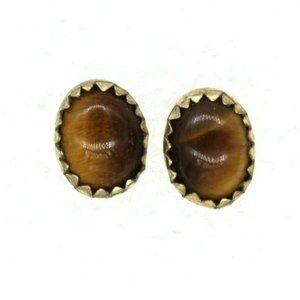 925 STERLING Southwest minimalist tigers eye gold filled EARRINGS vintage 9mm